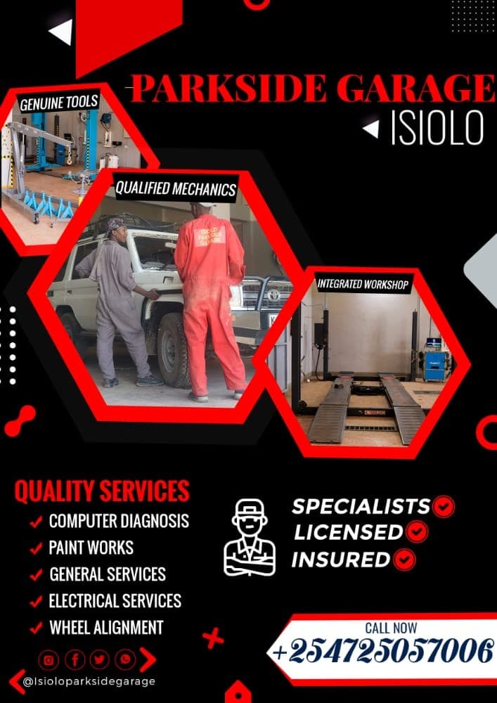 Parkside Garage Isiolo promotional poster showing the workshop, tools and mechanics